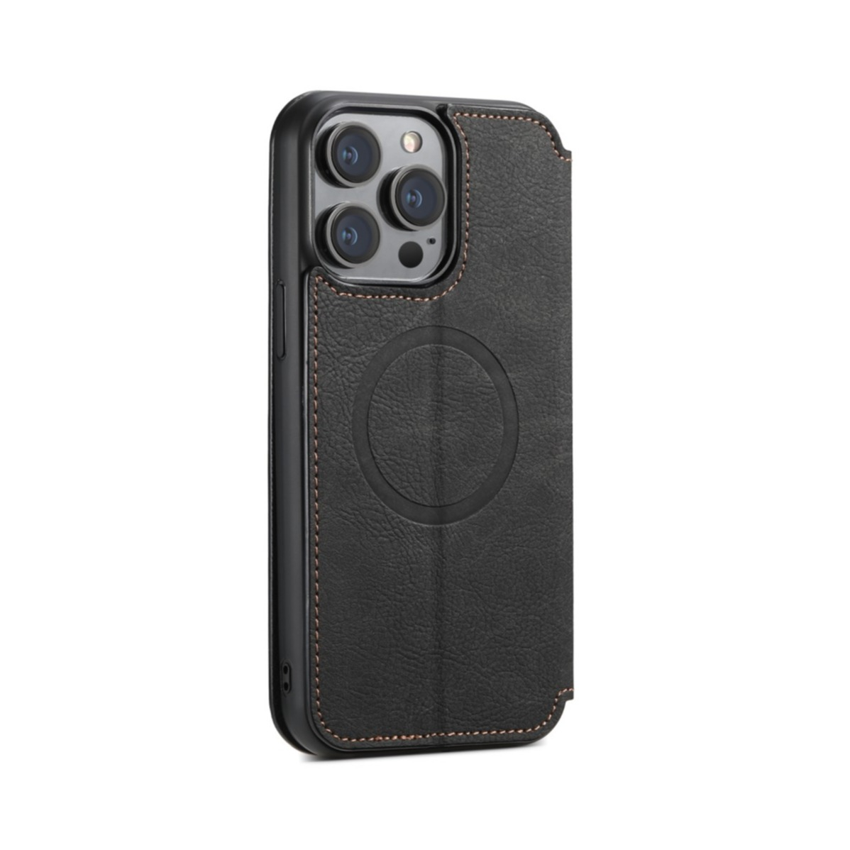 iPhone 13 Pro MagSafe Leder Tasche Flip Wallet Cover mit Kartenfächer - Schwarz