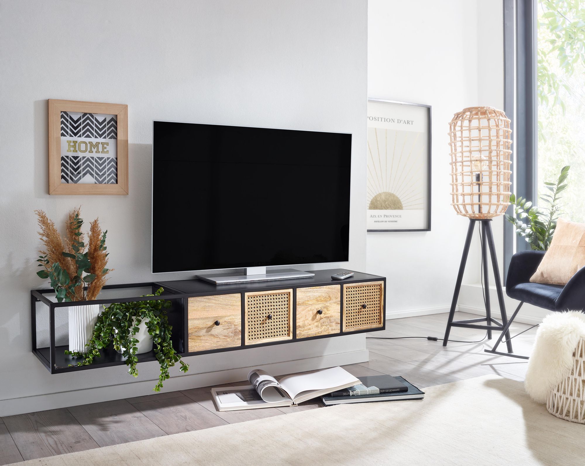 TV Schrank FineBuy Lowboard Hängend 150x25x35 cm Wiener Geflecht Holz Metall