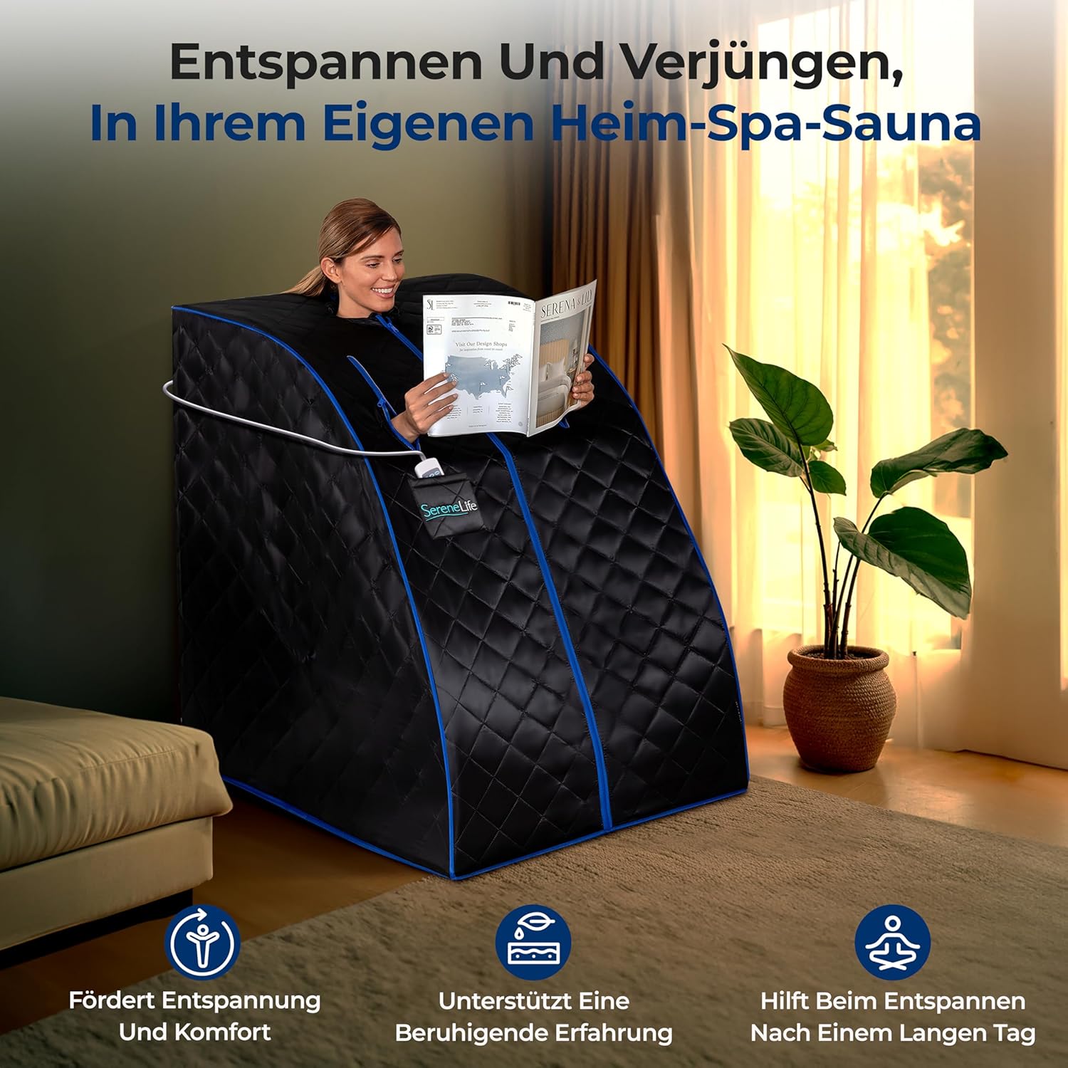 SereneLife Dampfsauna Zelt Schwarz 84×80×103 cm – Tragbare Heimsauna mit Stuhl und Heizmatte Faltbare Mini Sauna - Mobile Dampfbad Kabine bis 60°C, Carbon-Heizelement und Fernbedienung
