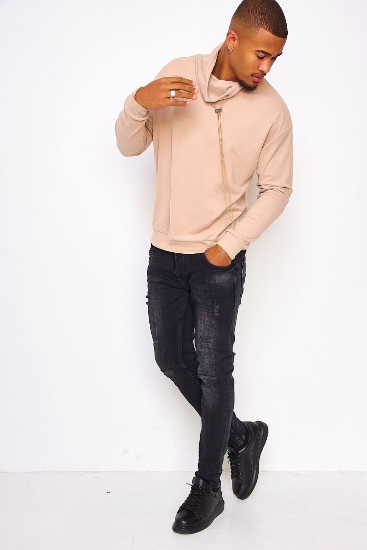 Pull en velours beige col ajustable
