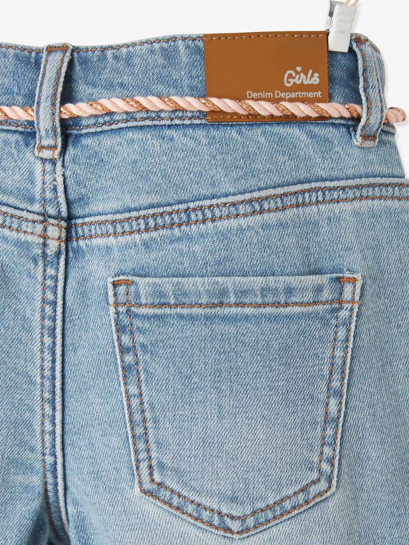 Bermuda jeans com bordado floral, para meninas, lavagem azul média
