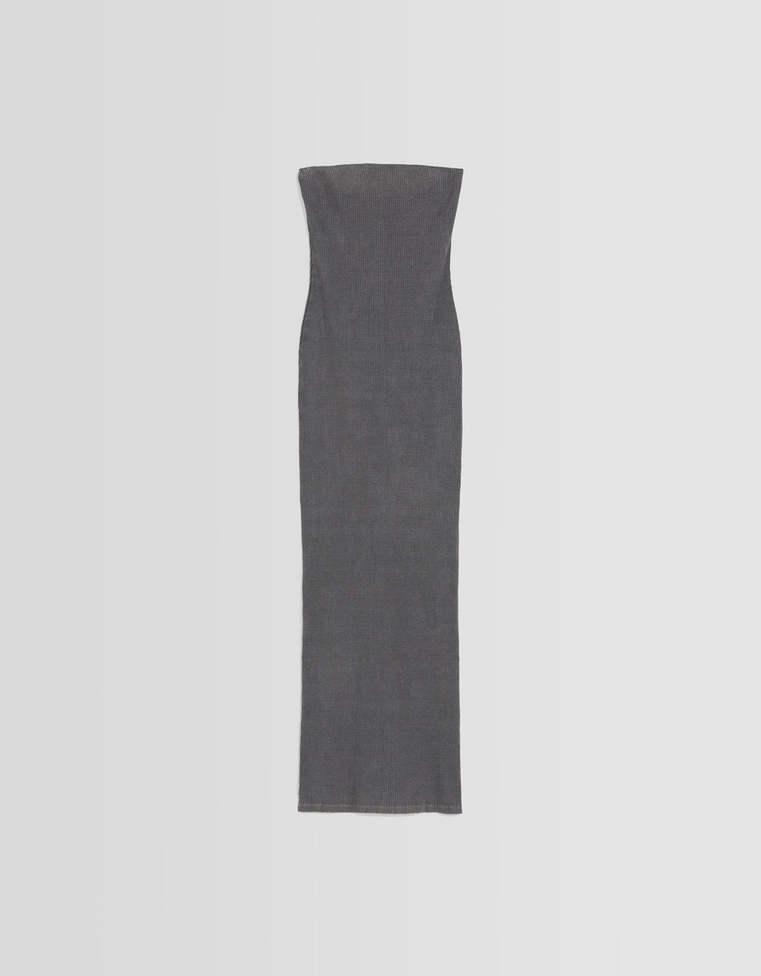 Vestido longo tomara que caia canelado com efeito lavado