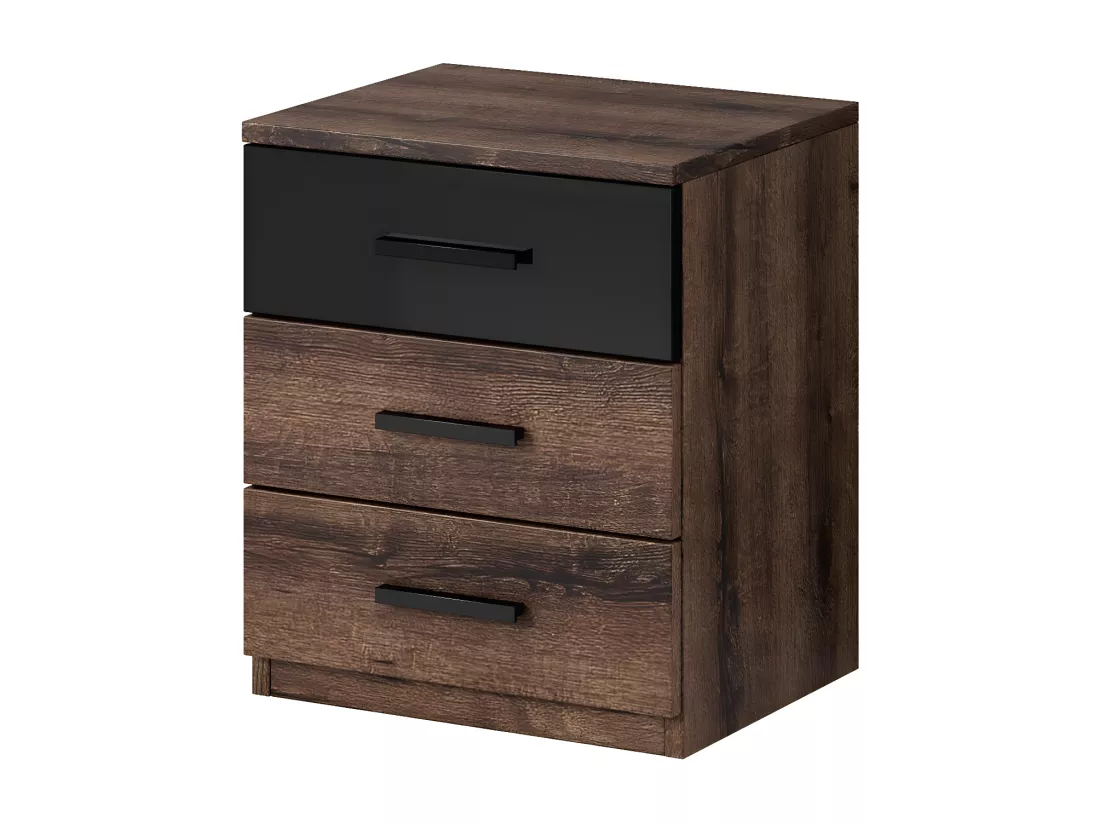 Chambre à coucher FLOYD : Armoire 220cm, Lit 180x200, commode, chevets. Couleur chêne foncé et noir brillant