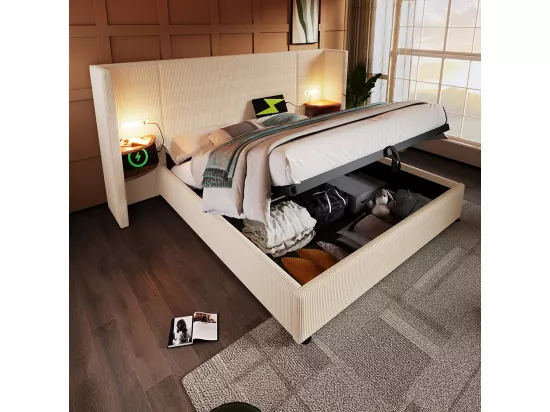 Lit double capitonné 160 x 200 avec table de chevet, liseuse et chargeur USB Type-C, beige, tissu velours côtelé.