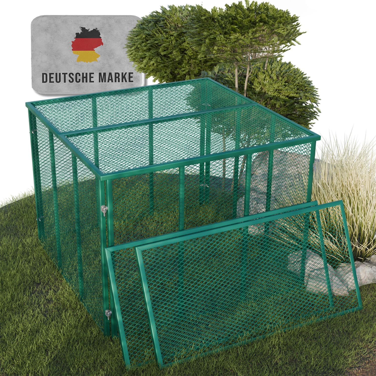 Heimfleiss® Komposter Garten Metall 100x100x75 cm + Deckel & Boden | 750L Metallkomposter verzinkt & pulverbeschichtet | Komposter Metall für Rasenschnitt & Biomüll | Gartenkomposter mit Stecksystem