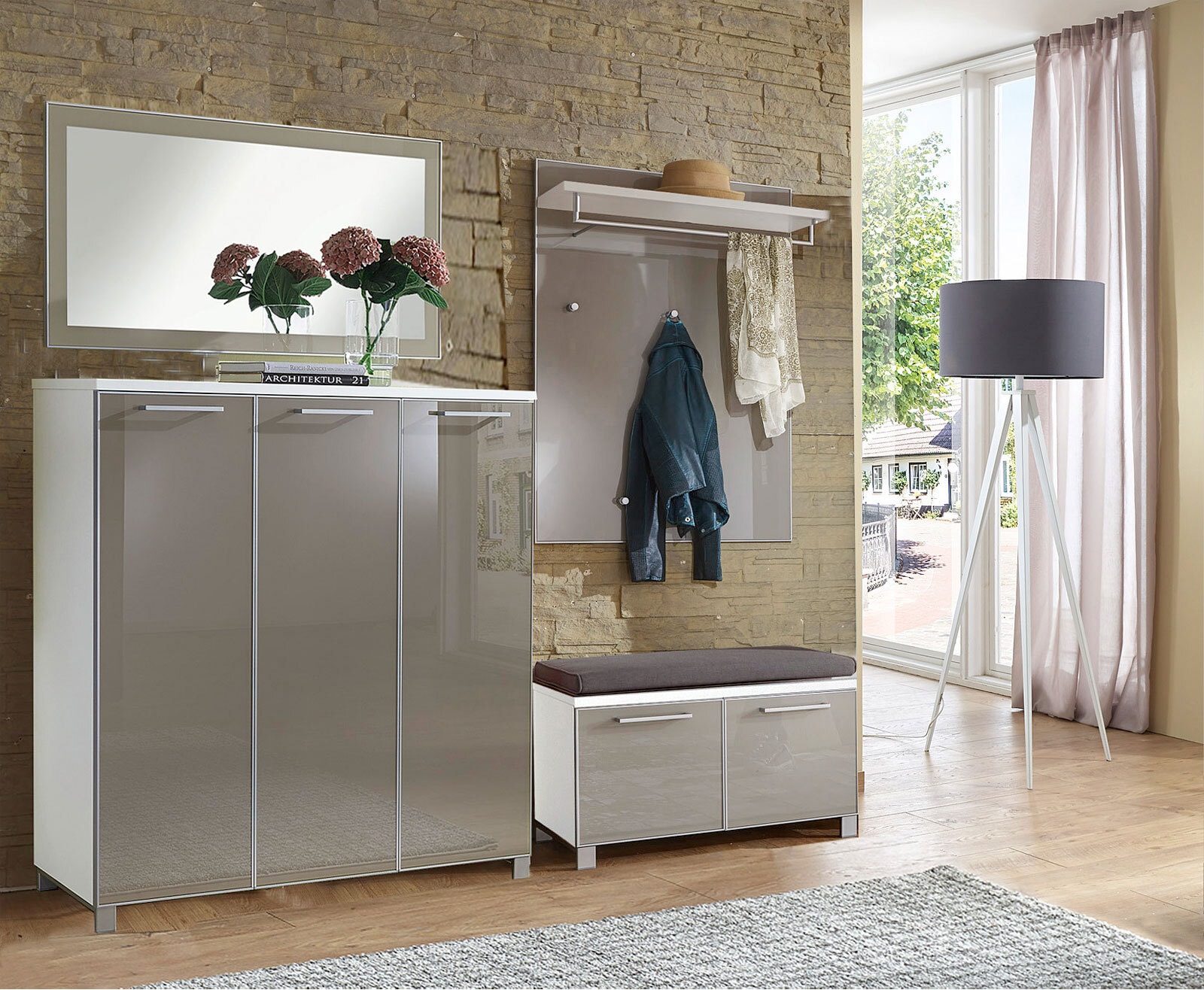 VOSS Garderobenkombi SANTINA Lack weiß/ Glas taupe