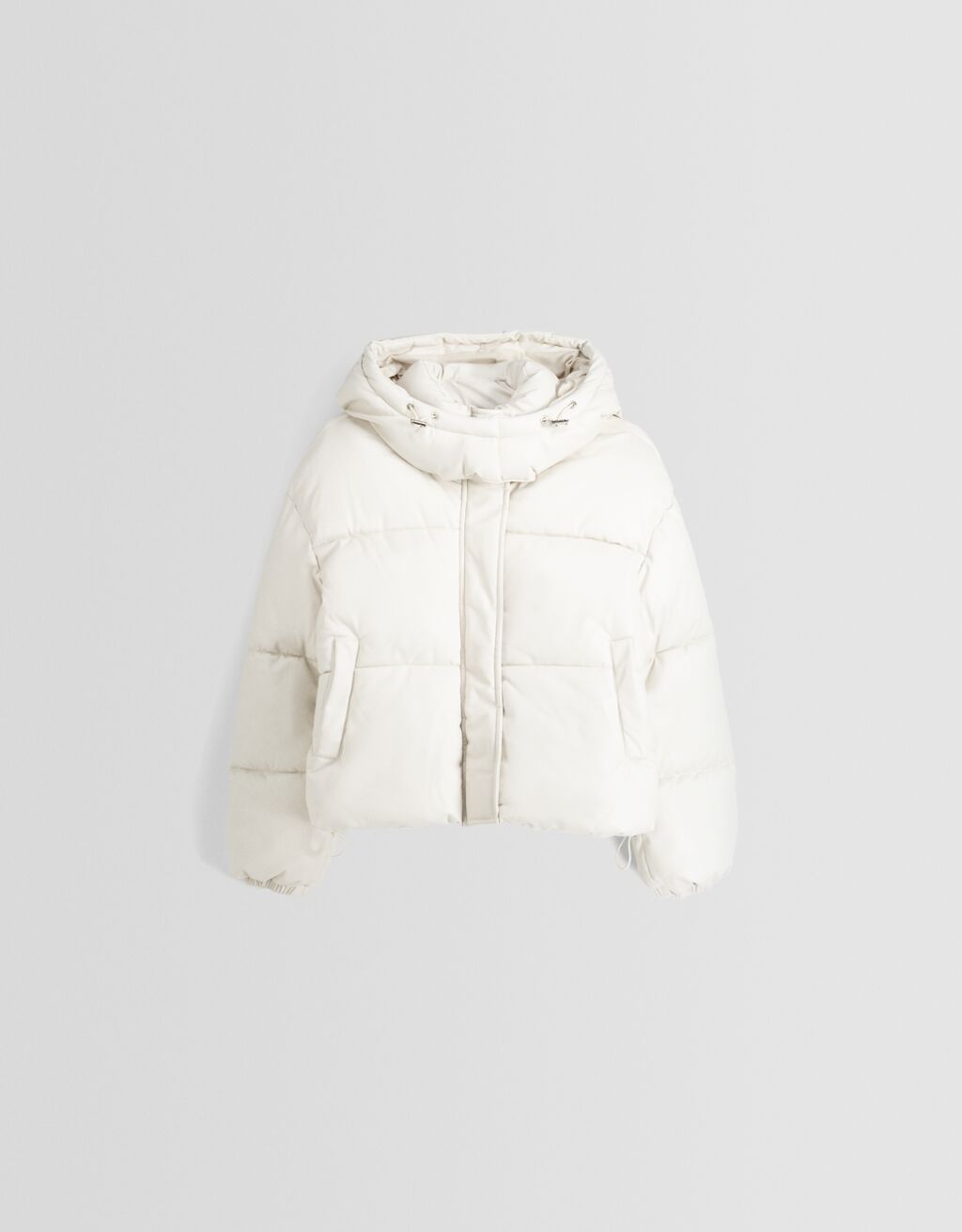 Jaqueta puffer com efeito de couro e capuz.