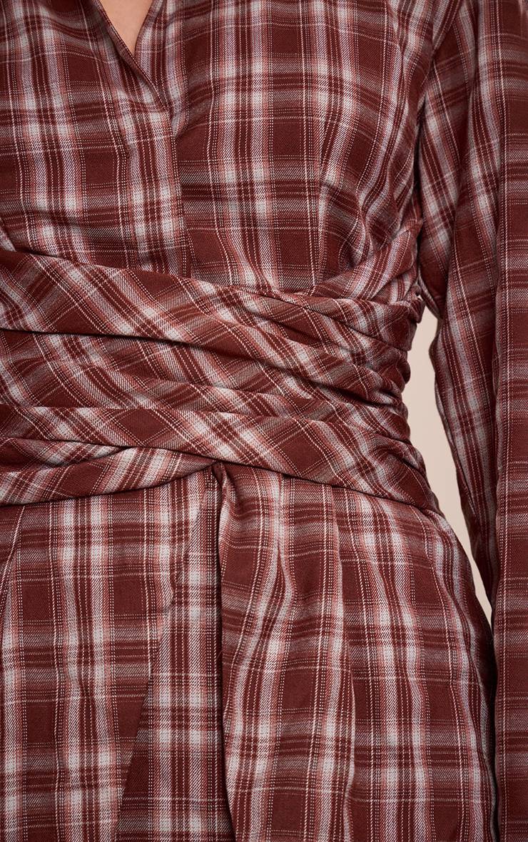 Marron Robe Chemise À Manches Longues À Rayures Tennis Avec Détail Cache-cœur