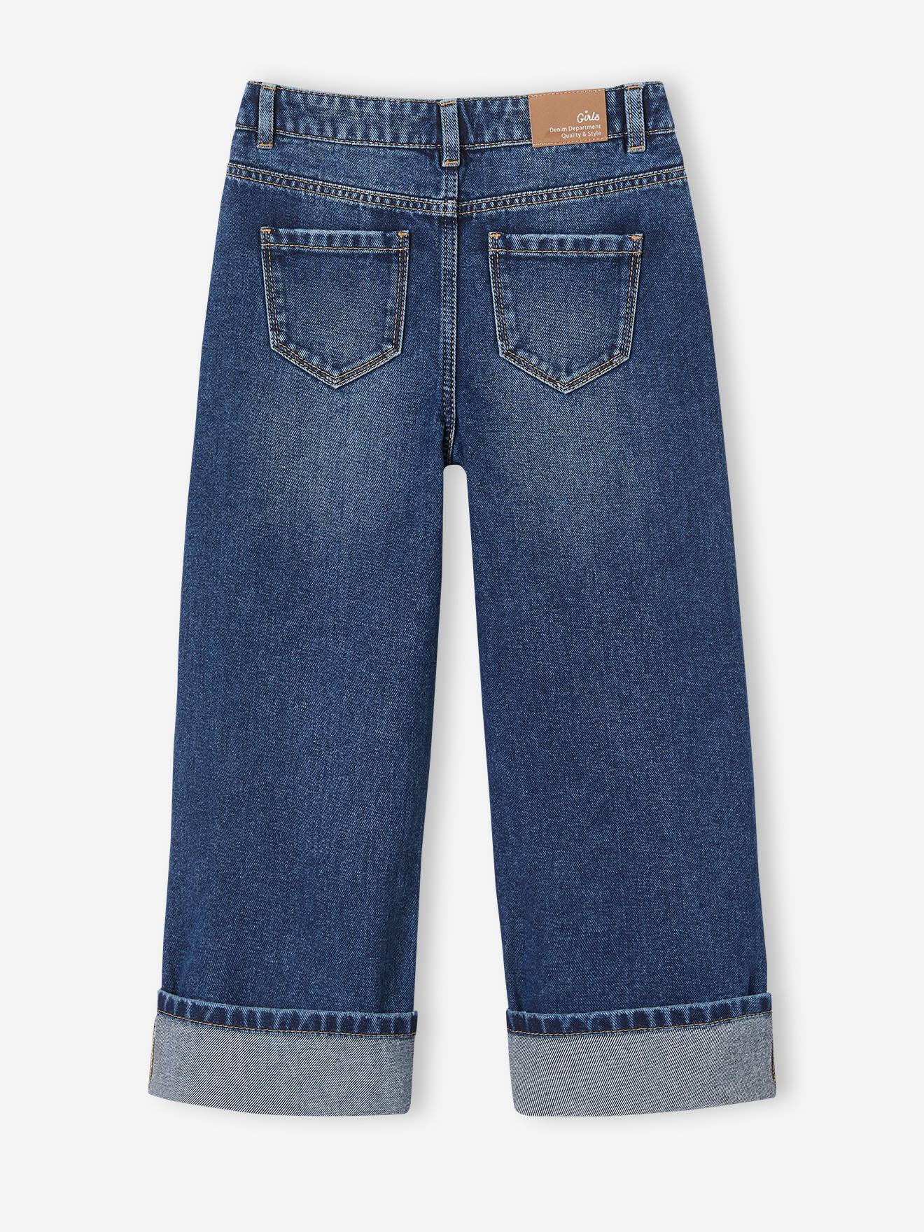 Calça jeans de perna larga com barra para meninas, cor pedra