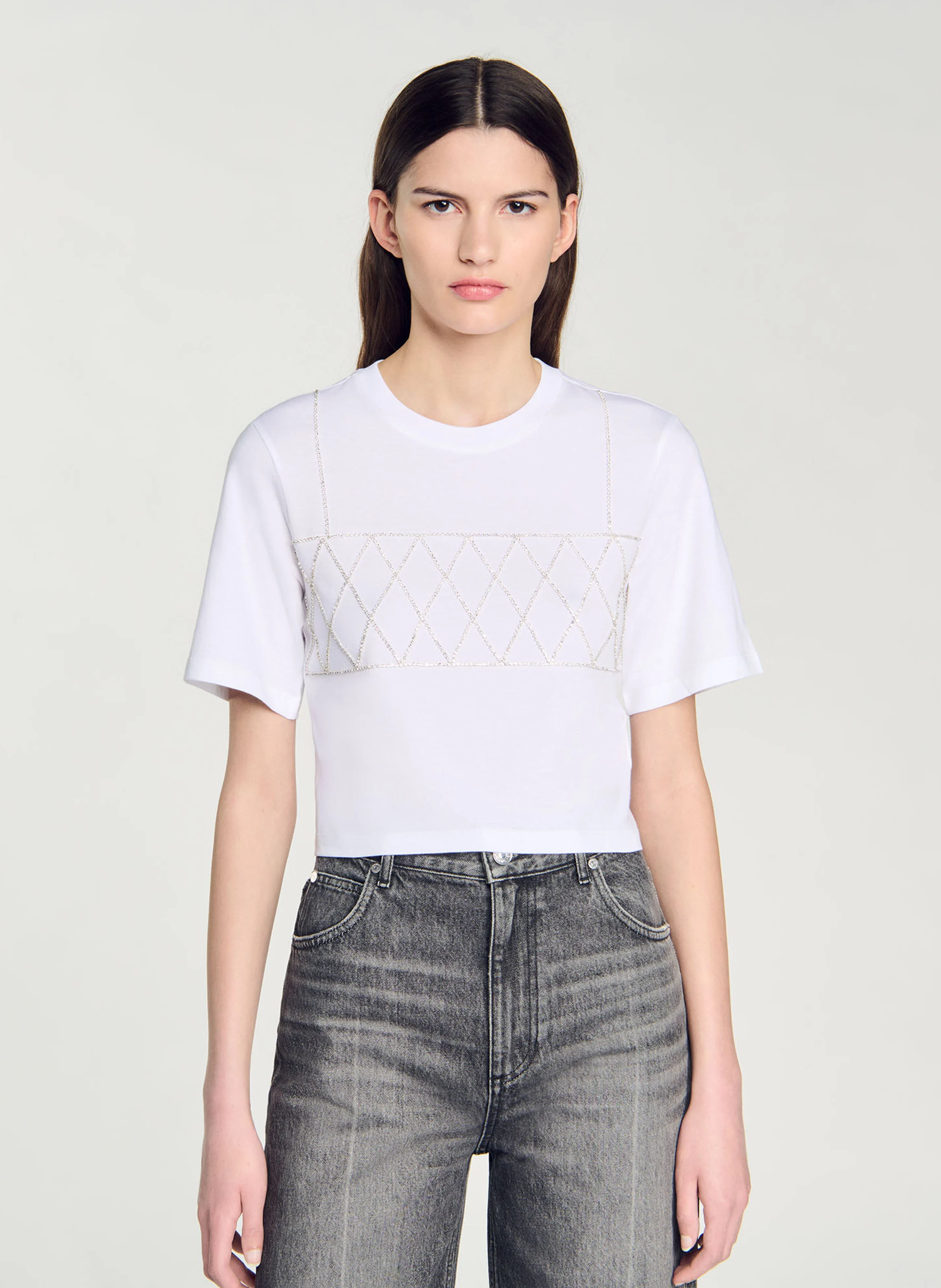 Tee-shirt court en coton strassé | Blanc