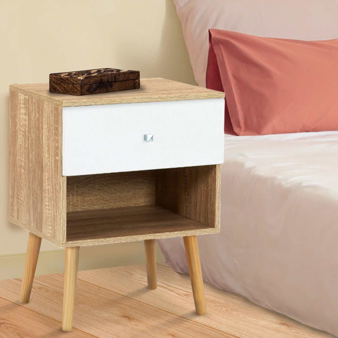 Lot de 2 tables de chevet EMMIE scandinaves 1 tiroir avec niche hêtre et blanc