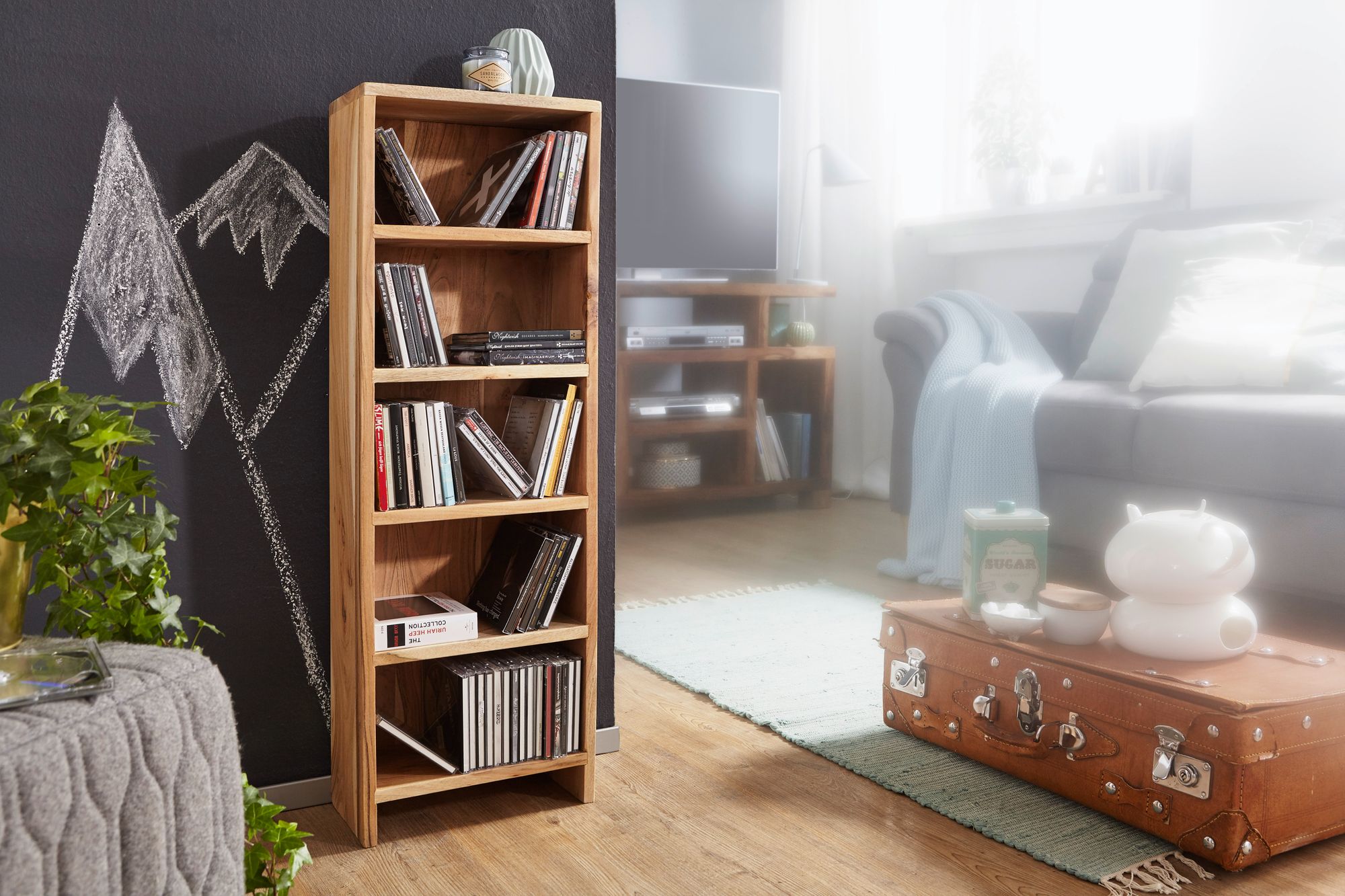 KADIMA DESIGN CD-Regal NAKO: Massivholz, 90 cm Höhe, für 100 CDs, Sheesham/Akazie, pflegeleicht