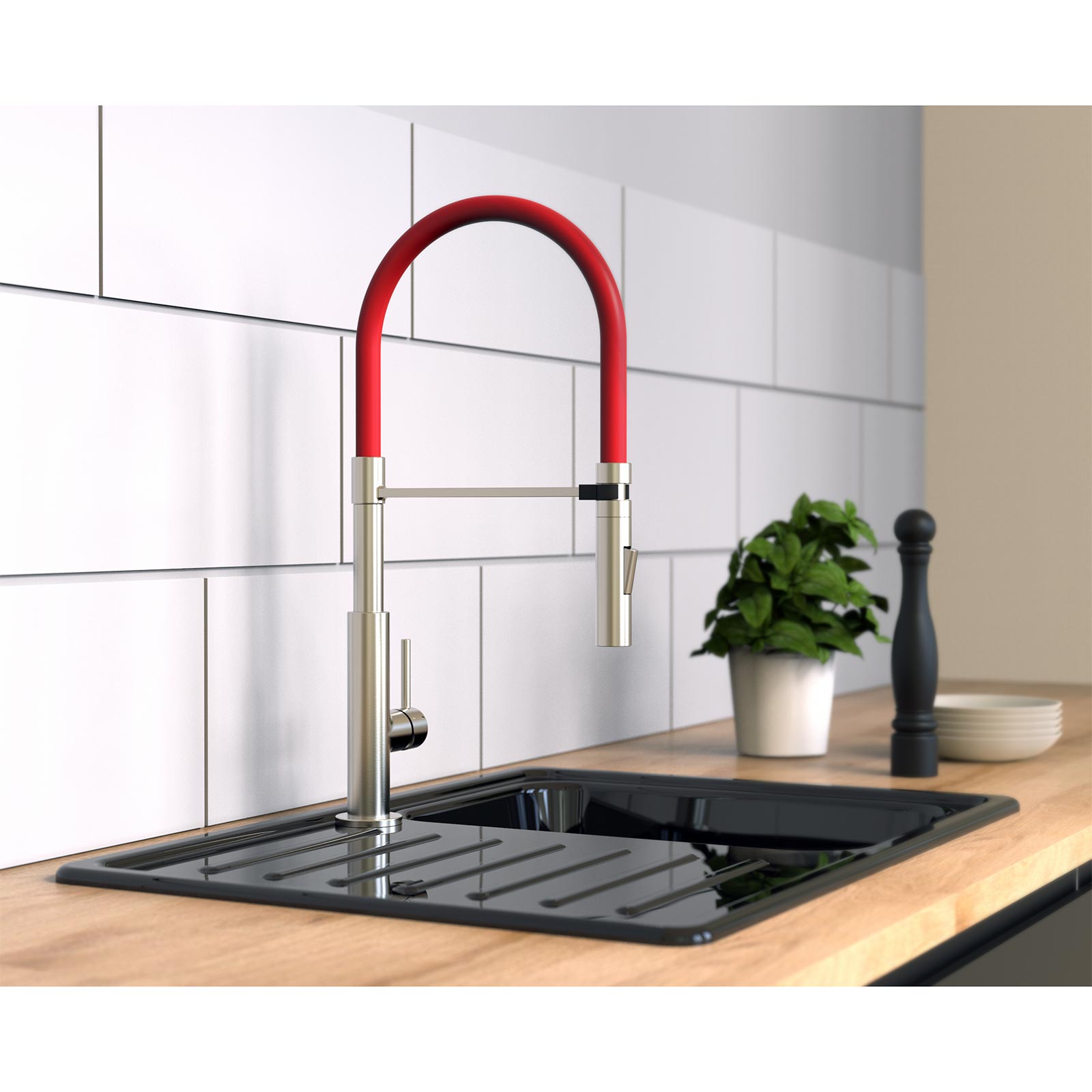 Küchenarmatur - silber - Hochdruck - mit Soft Touch-Schläuchen