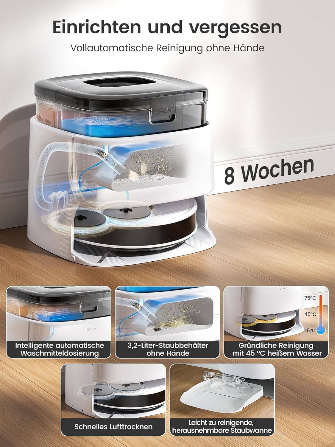 LEFANT M3 Gen2 Saugroboter mit Wischfunktion, 12000Pa Saugkraft Staubsauger Roboter, Anti-Verfilzungs-Seitenbürste, Hindernisvermeidung, LiDAR-Navigation, All-in-One Dock, App/Alexa/i Watch Steuerung