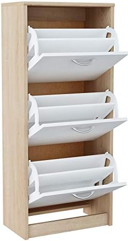 MATKAM Schuhschrank aus Holz 3S, in Schlichter Optik, B 50 x H 116 x T 28 cm, laminierte Möbelplatte 16 mm, mit Rückwand, 3 ausklappbare Schuhablagen (Sonoma Eiche – Weiß)