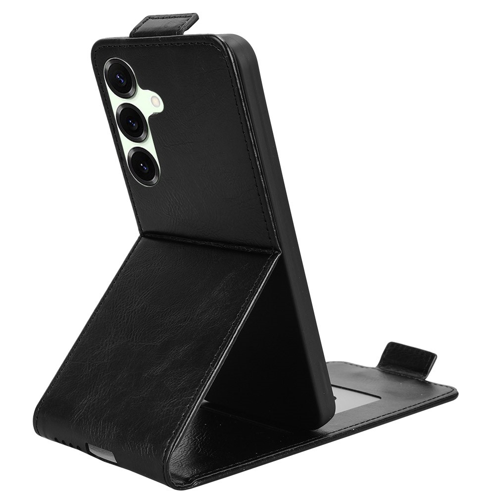 Samsung Galaxy S25 FE Leder Tasche Flip Cover Vertikal im Retro Look mit Kartenfach - Schwarz