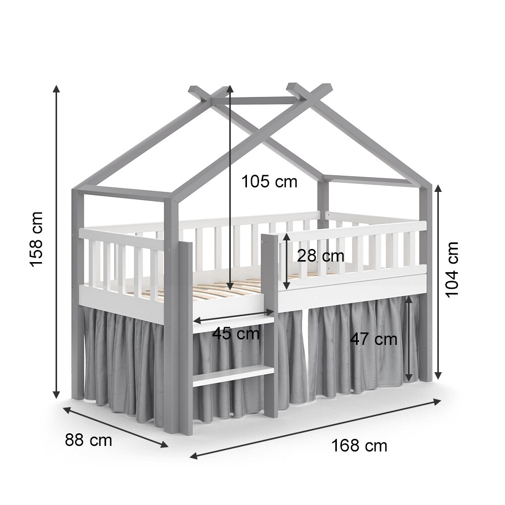 VitaliSpa Kinderbett Bettenhaus Einzelbett Adis Weiß Grau modern 168x158 cm Kinderzimmer Rausfallschutz Massivholz Lattenrost Bettleiter Hausbett Hochbett
