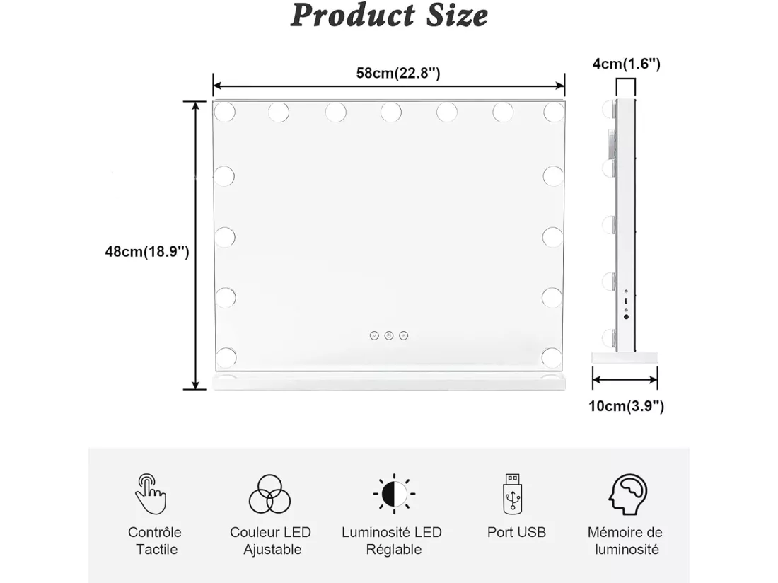 Miroir Maquillage Lumineux Hollywood 15 Ampoules,LED Miroir Coiffeuse Contrôle Tactile Luminosité Réglable sur Table et sur Mur 58x48cm - Blanc