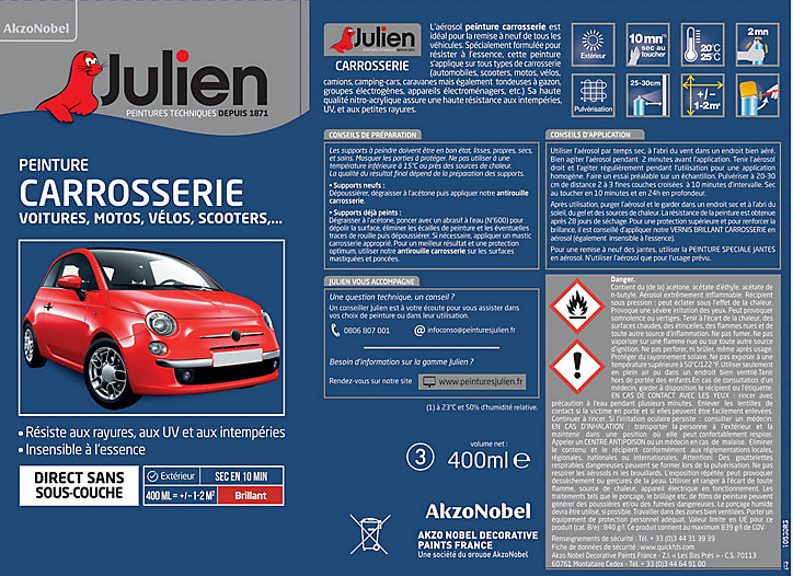 Peinture aérosol spécial carrosserie Julien métallisé gris thallium RAL 37102 400ml