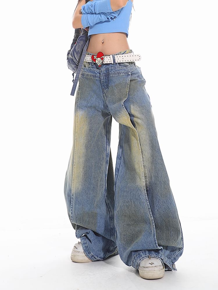 AXEN - Lage taille gewassen wijde jeans