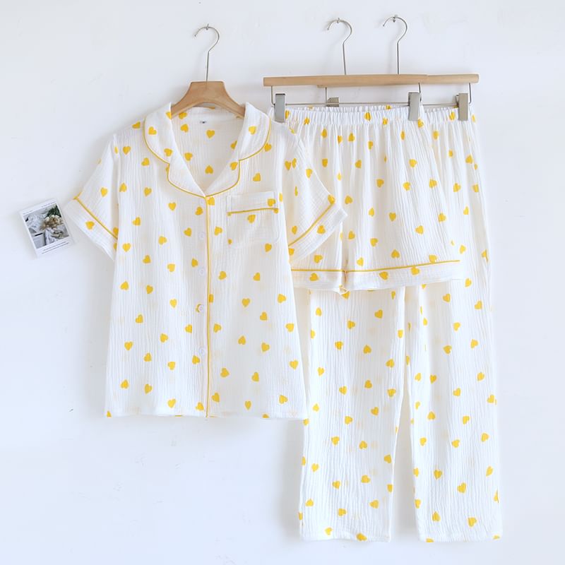 MelMount - Pyjamaset: shirt met korte mouwen en hartjesprint + korte broek + broek