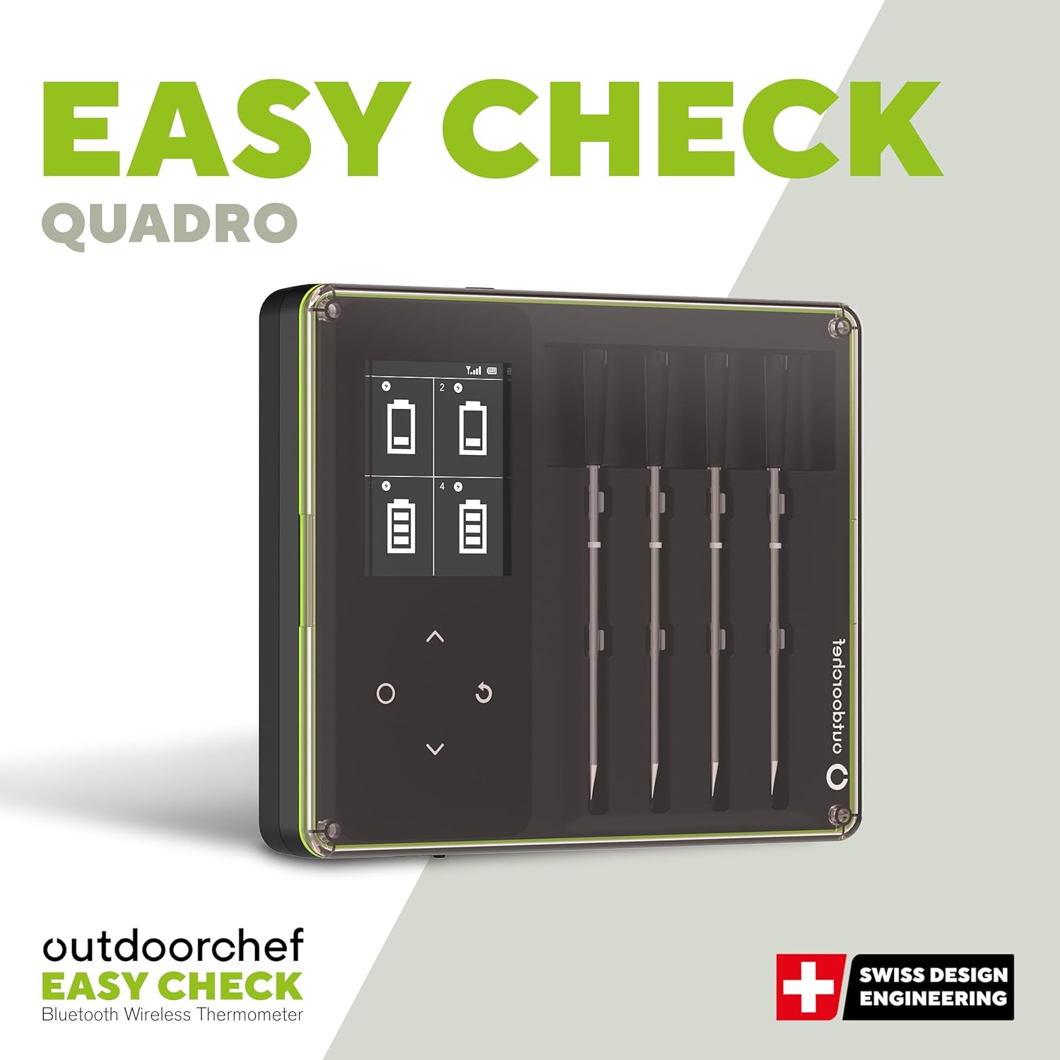 Outdoorchef Easy Check Thermometer Quadro – Wireless Bluetooth BBQ‑Thermometer mit App, 4 Fühler, 200m Reichweite, spülmaschinenfest, inkl. magnetischer Dockingstation