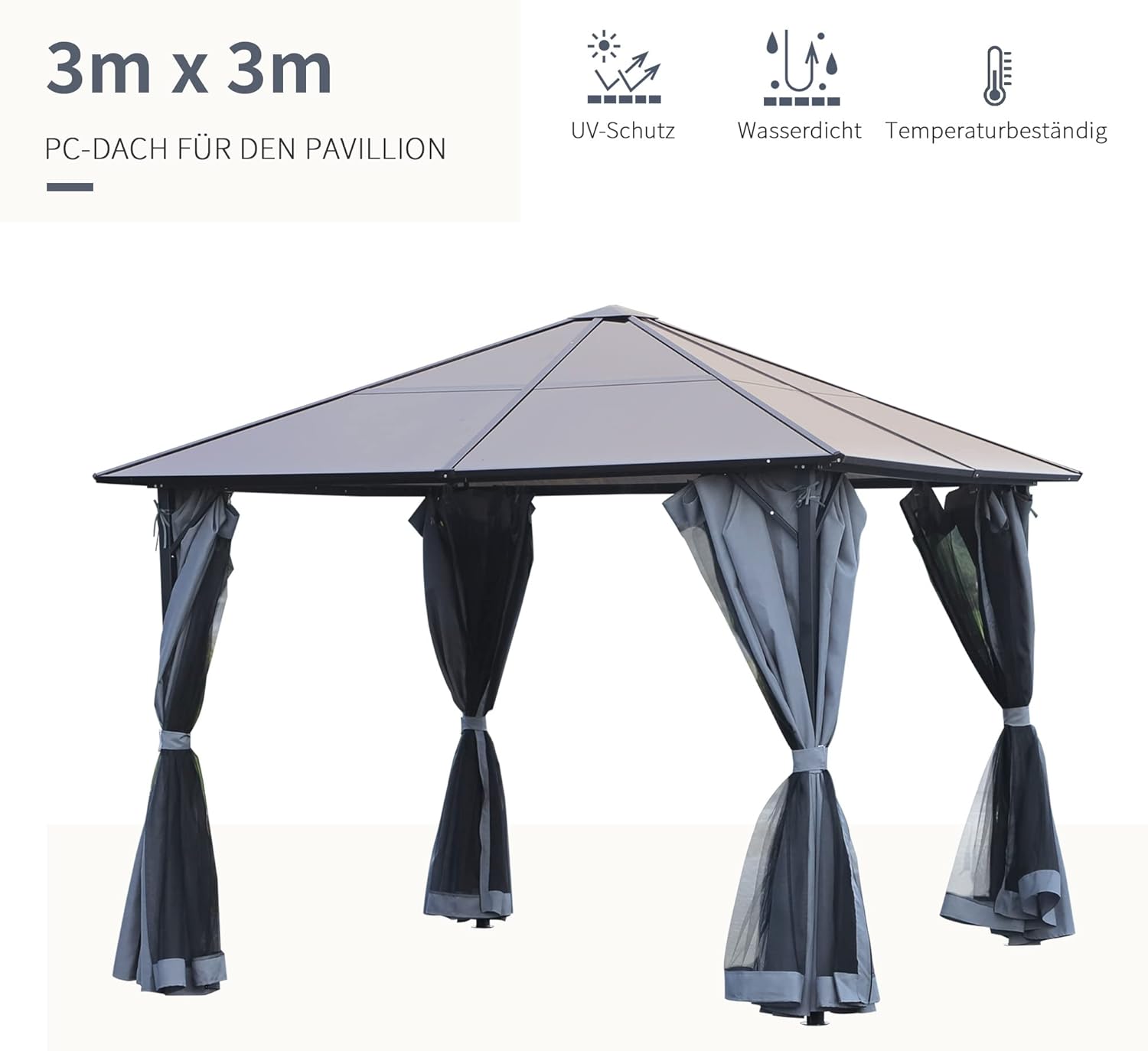 Outsunny Pavillon 3 x 3m Gartenpavillon Partyzelt mit Seitenteilen PC Dach Alu Dunkelgrau