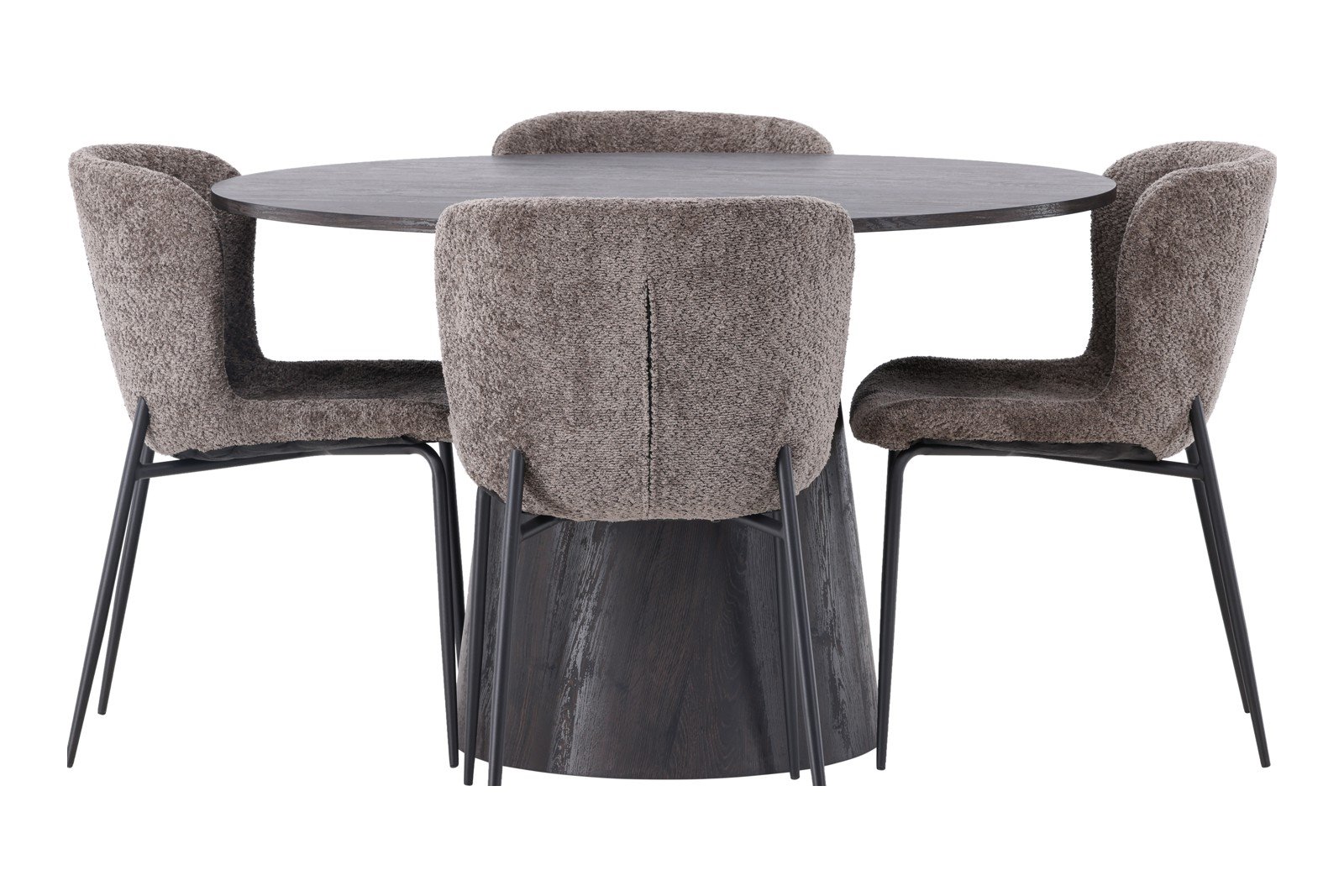 Lanzo og Modesto Spisegruppe Lanzo rundt spisebord ø120cm i mocca med 4 stk. Modesto spisestoler i Mørk Grå bouclé og sorte ben.