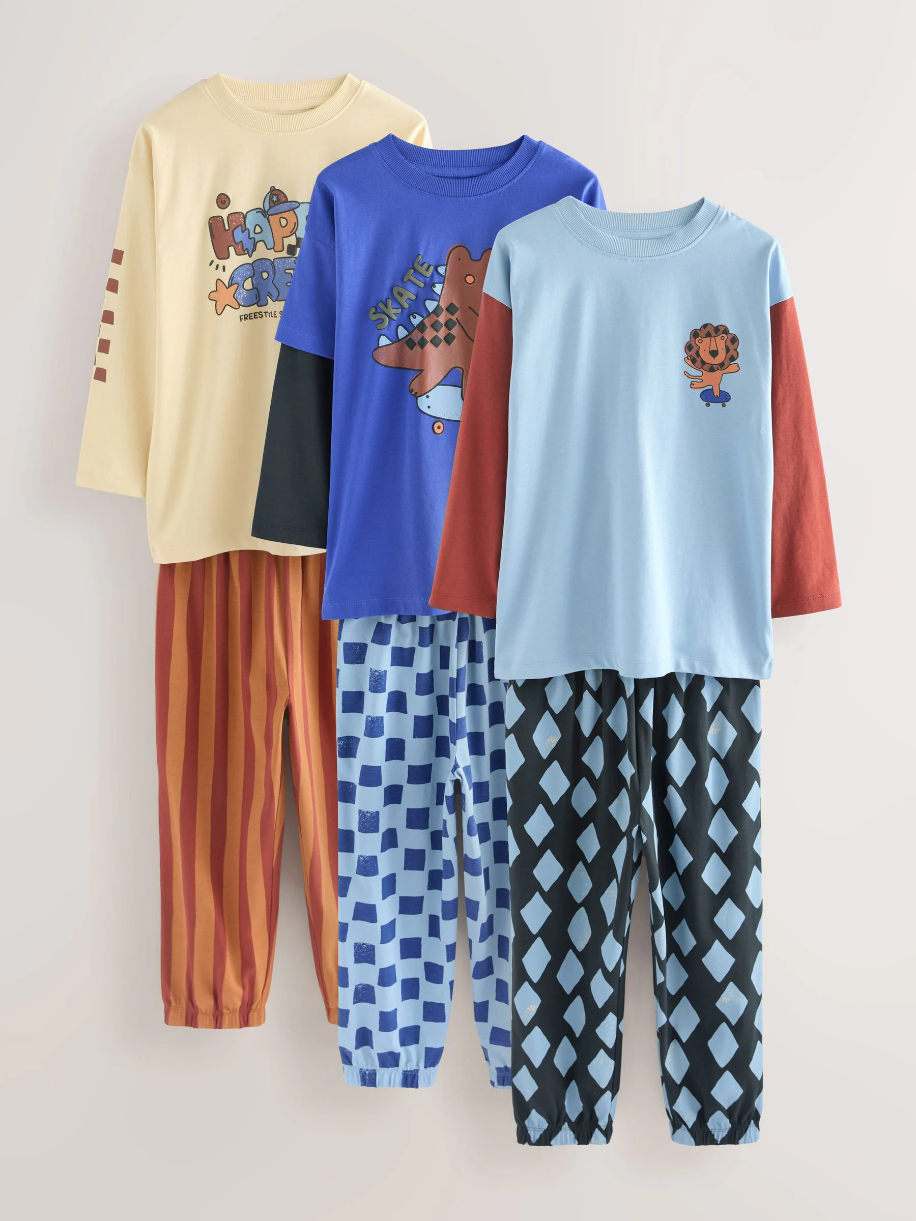 Blauw/bruin met dinosaurus - Verpakking van 3 oversized pyjama's 3 (9mnd -10jr)