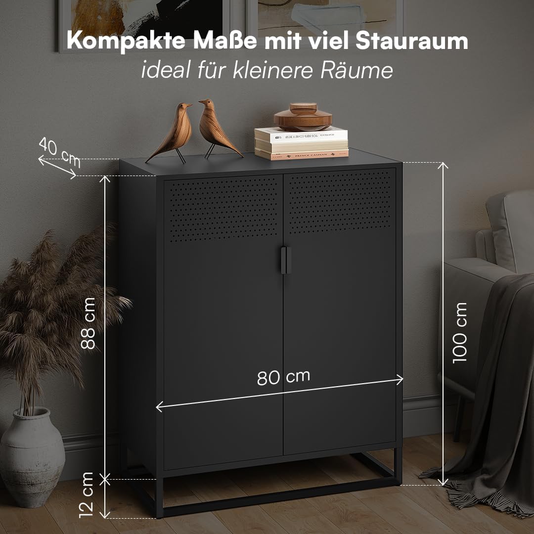skølm Izar Metall Kommode – Wohnzimmerschrank in Schwarz – Metallschrank mit 2 Fächern & Doppeltüren – Sideboard für Wohnzimmer – Mehrzweckschrank 80 cm breit – Highboard Industrial Style