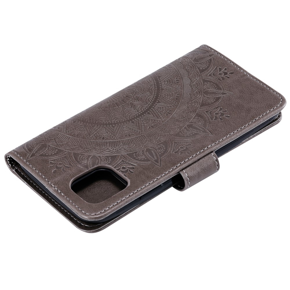 iPhone 13 Pro Leder Tasche Wallet - Mandala Flowers Imprint - Grau