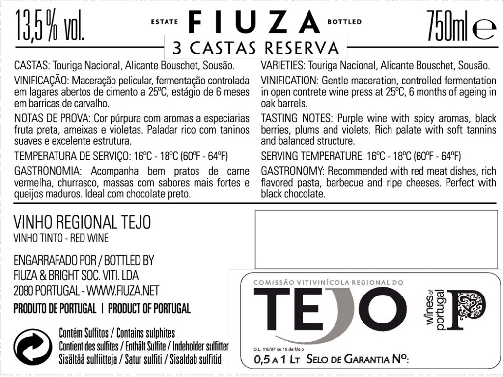 VINHO TINTO FIUZA 3 CASTAS RESERVA TEJO 0.75L
