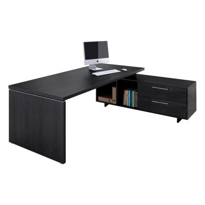Bureau Manager FLORA - avec console retour réversible - L195 x P170 cm - pieds panneaux - plateau imitation frêne noir