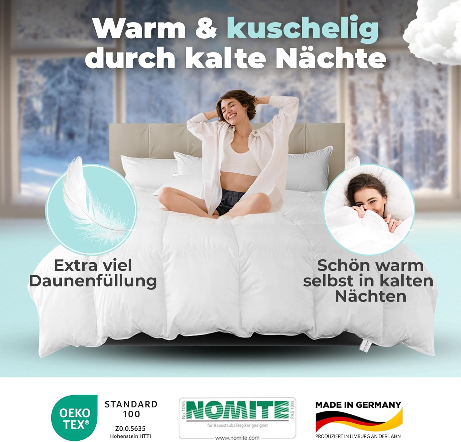 BEFA NATUR Reine Daunendecke Winter 155x220 cm | 100% Daunen | 1030g Füllgewicht | Allergiker geeignet (NOMITE) | Tierwohl Zertifiziert (DOWNPASS) | Oeko-TEX Klasse 1 | Made in Germany