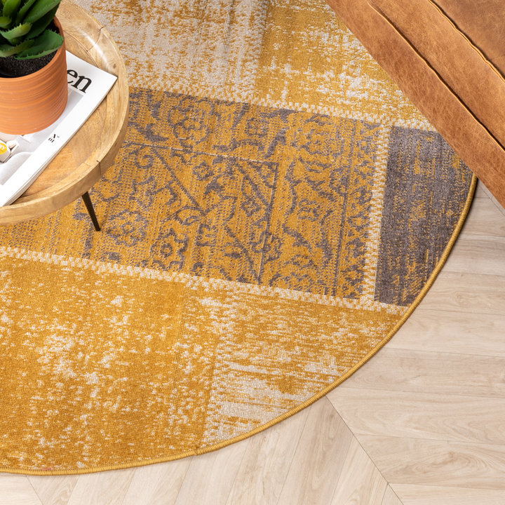 Rond patchwork vloerkleed - Spring Okergeel/Taupe | Warm