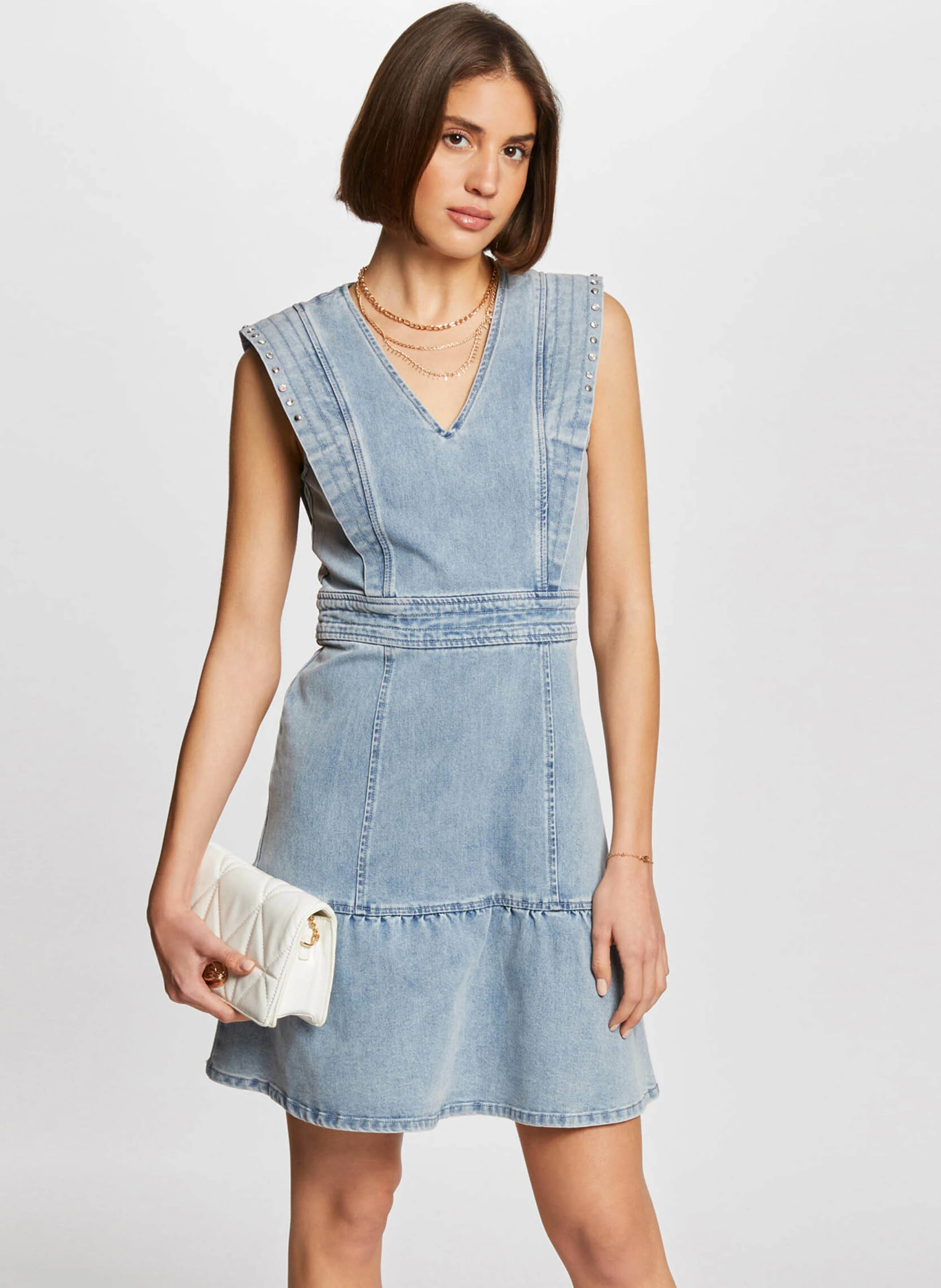 RAQUA - Robe courte col V en jean | Bleu