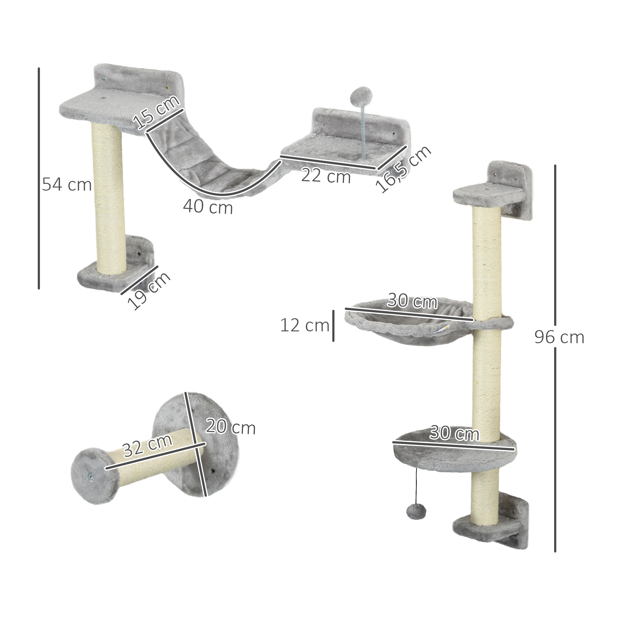 Conjunto de prateleiras de parede PawHut para gatos, com 4 peças, incluindo rede, plataformas de salto, poste de sisal e escada, 84,5 x 19 x 54 cm, cinza e bege.