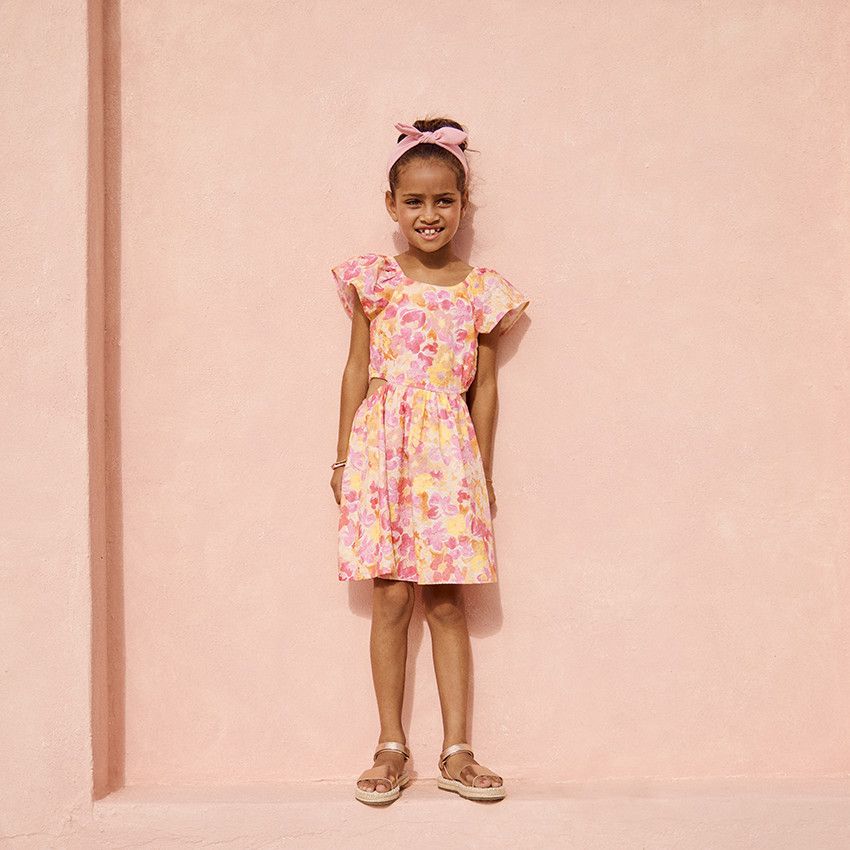 Robe manches courtes en seersucker imprimé floral pour fille - Multicolore