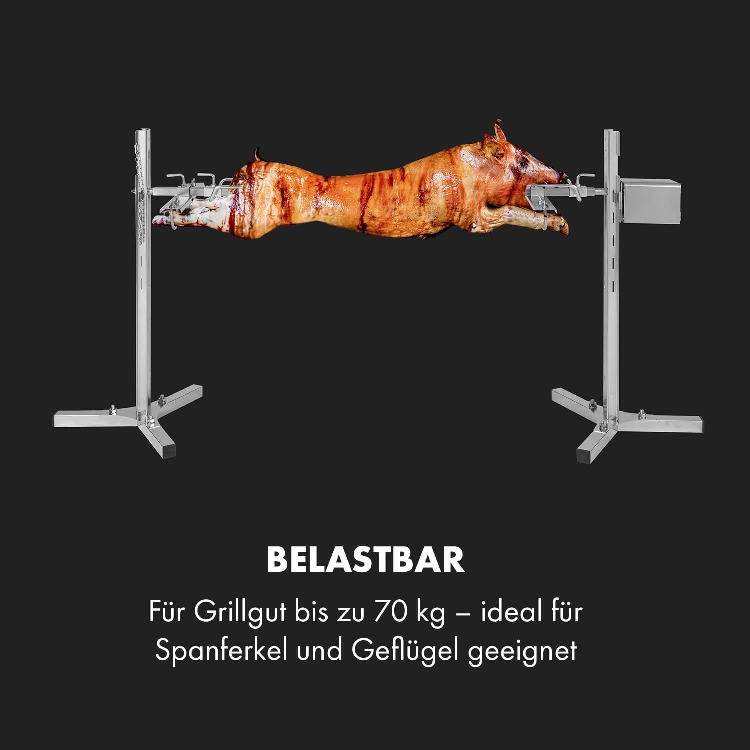 Klarstein Rotisserie Grill Mit Motor, Elektrischer Drehspieß, Großer Spießgrill für Hähnchen & Spanferkel, Höhenverstellbar, Mit Edelstahl-Standbeinen