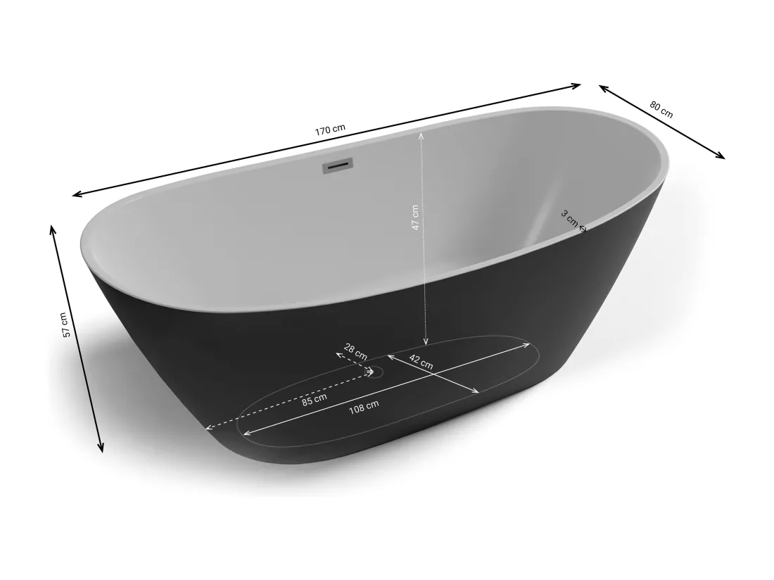 Baignoire îlot VENECIA Noire Mate 170x80cm, by SPALINA