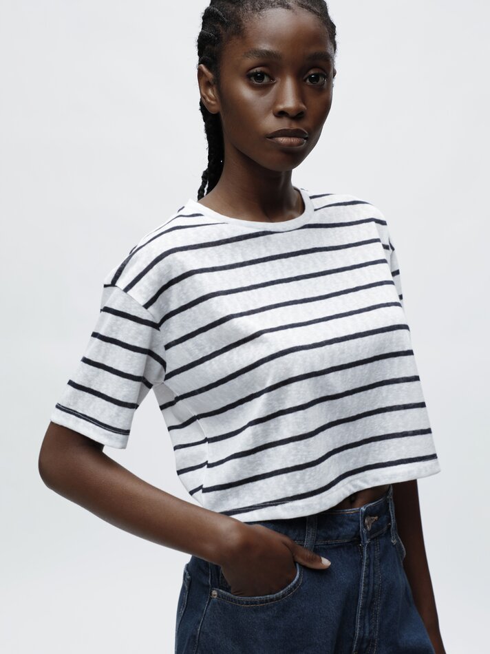 Camiseta cropped com efeito linho - Azul Médio