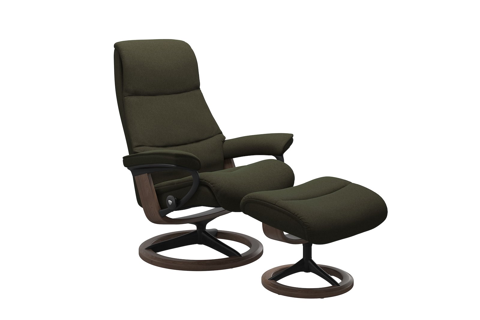 View lenestol med krakk Tekstil Calido Green – Signature understell – Sort – Valnøtt - Medium