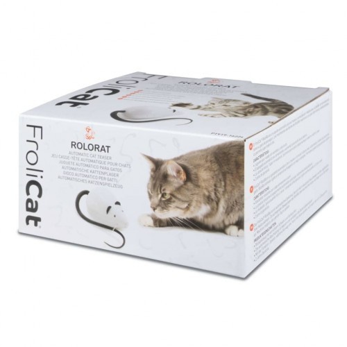 Isca para gatos em formato de rato, preta e branca.