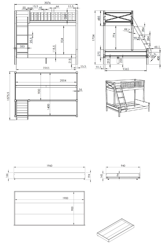 Familienbett SCOTT - weiß - mit Bettschublade - 90x200 & 140x200 cm