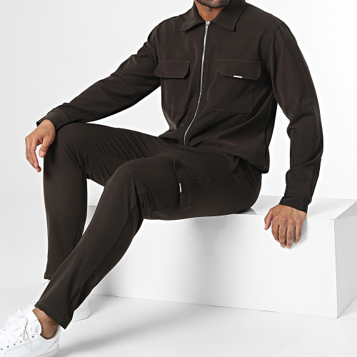 Ensemble Veste Zippée Et Pantalon Cargo Marron Foncé
