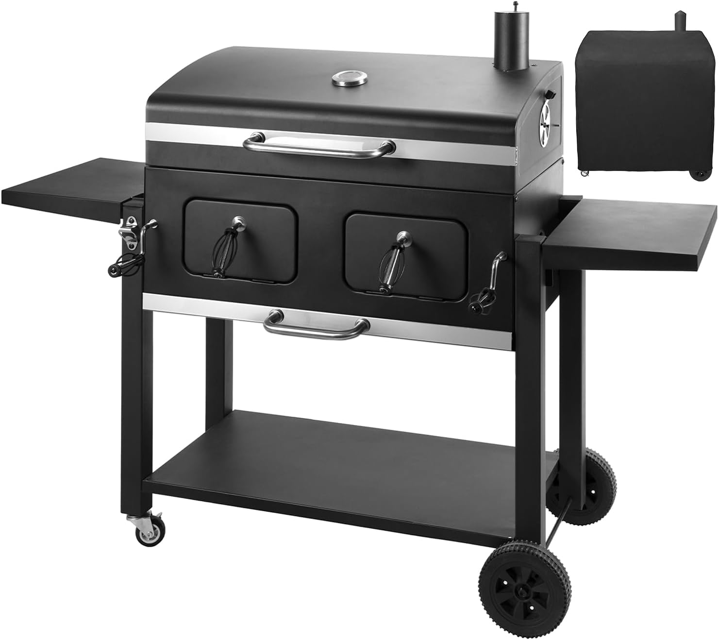 Grillwagen XXL Holzkohlegrill mit Deckel, BBQ Smoker Grill Rädern, Edelstahl-Griff, Grillrost und Thermometer, Standgrill, Kohlegrillwagen 154.5 x 89 x 122 cm