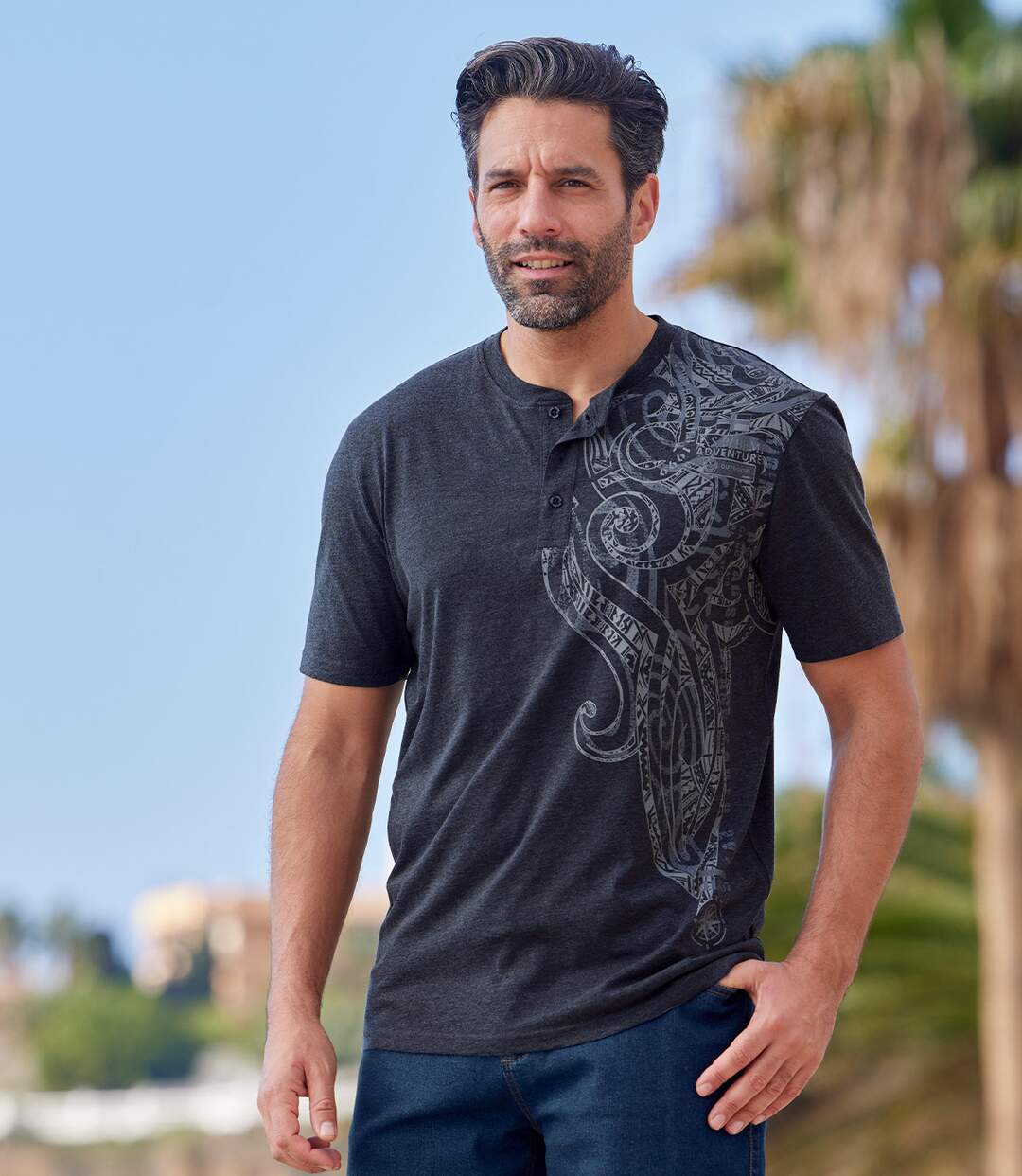 Lot de 2 Tee-Shirts Col Tunisien Imprimé Maori