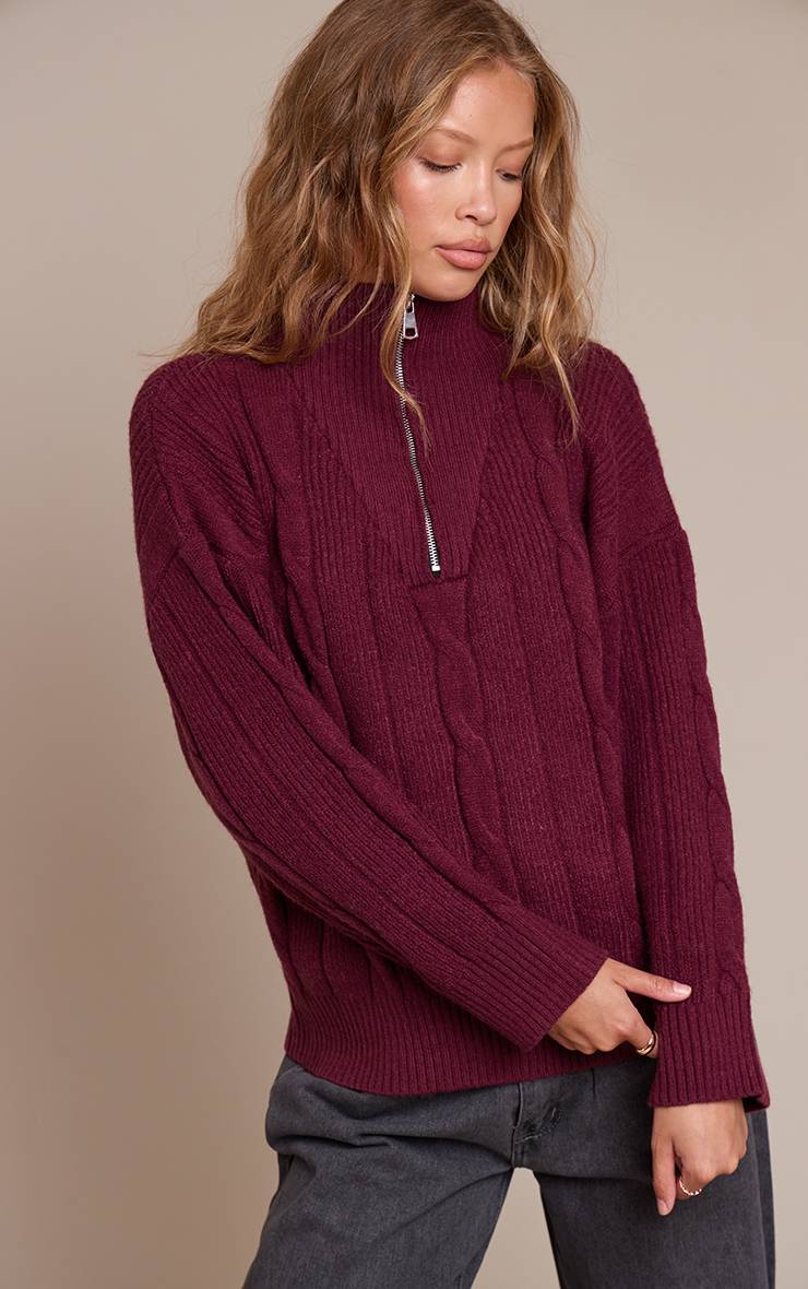 Rouge Bordeaux Synthétiquell Oversize En Maille Torsadée Avec Détail Zippé