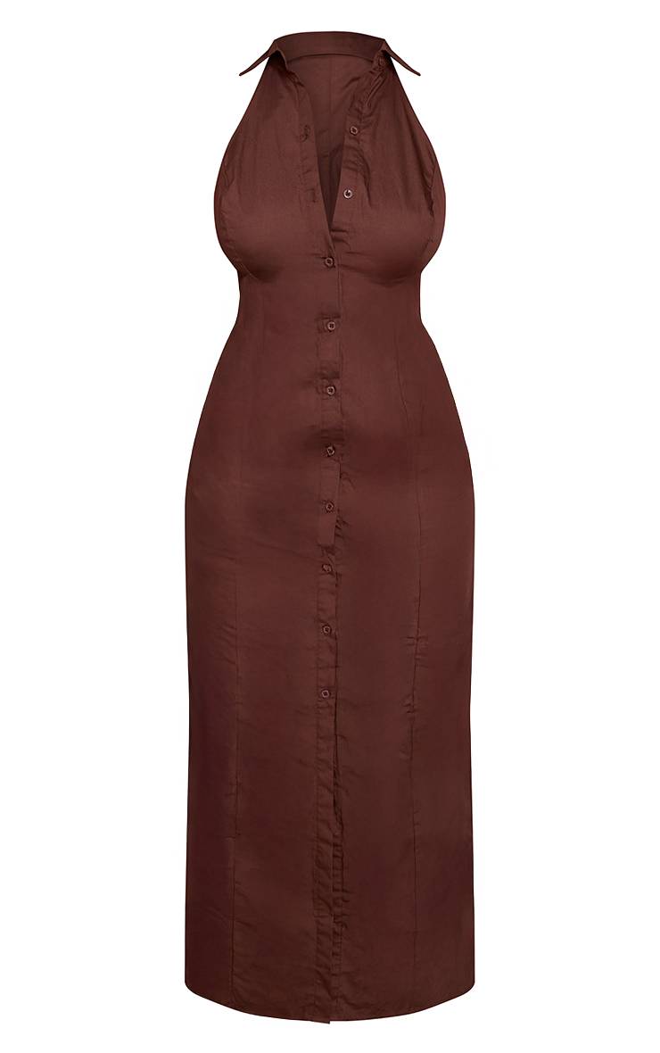 Chocolat Robe Maxi Cintrée Sans Manches À Col Chemise Et Boutonnage