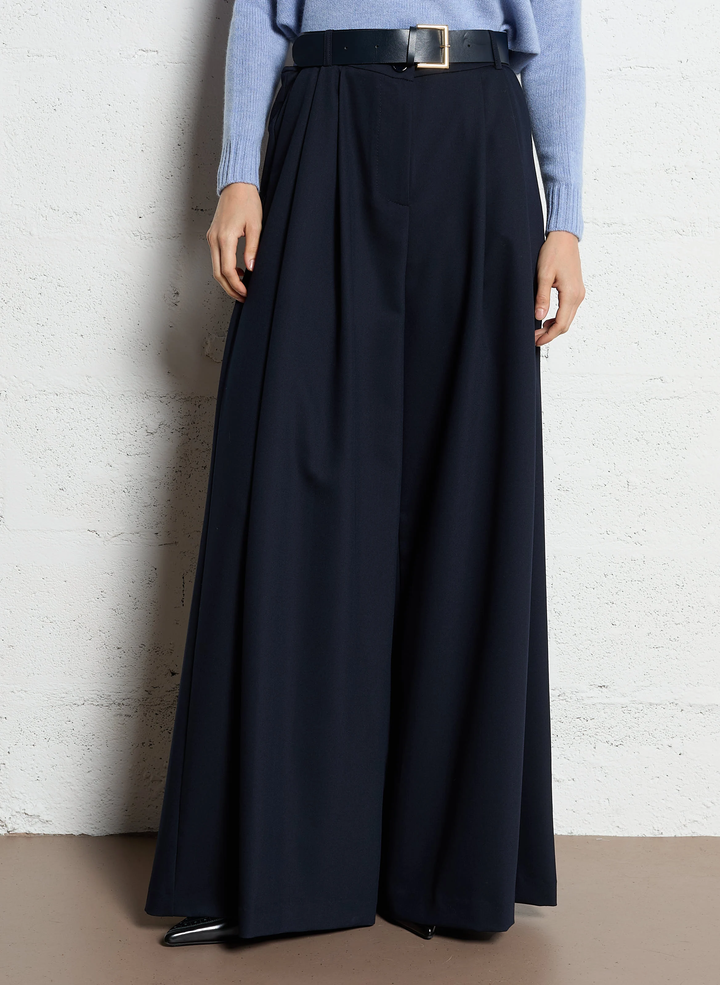 Pantalon palazzo à ceinture| Bleu